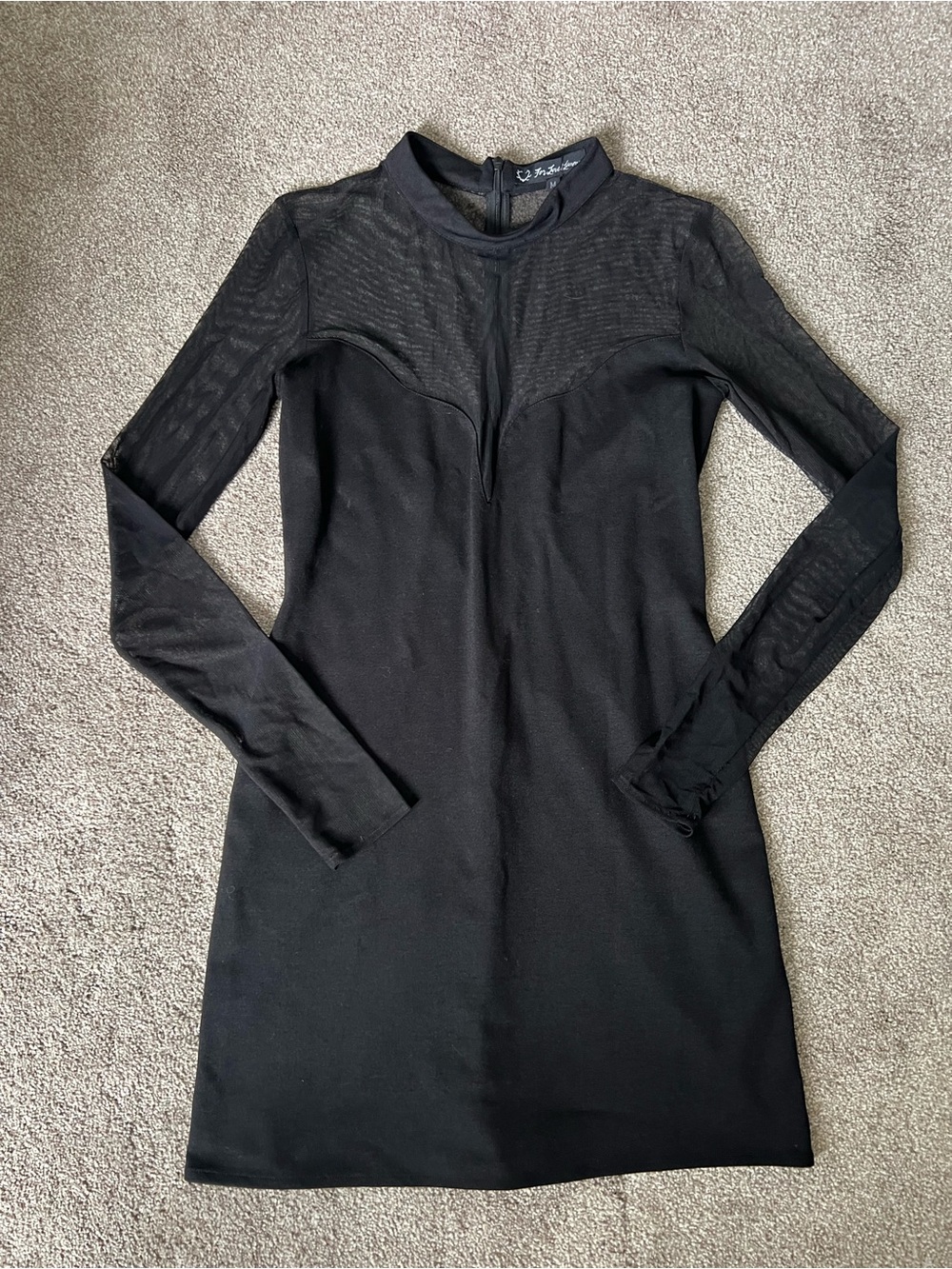 For Love & Lemons Black Mesh-Panel Long Sleeve Mini Dress
